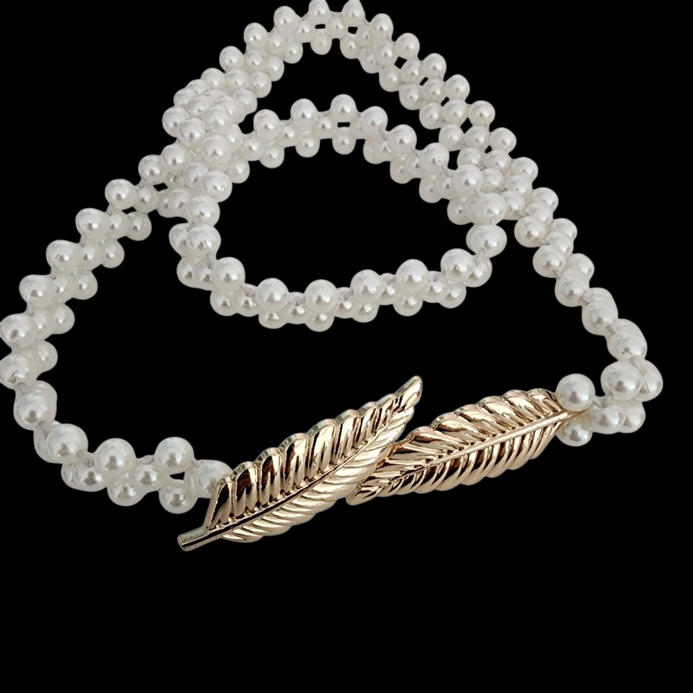 Y2K pearl belt gold leaf buckle white pearl beads vintage elastic expandable - Picture 10 of 14